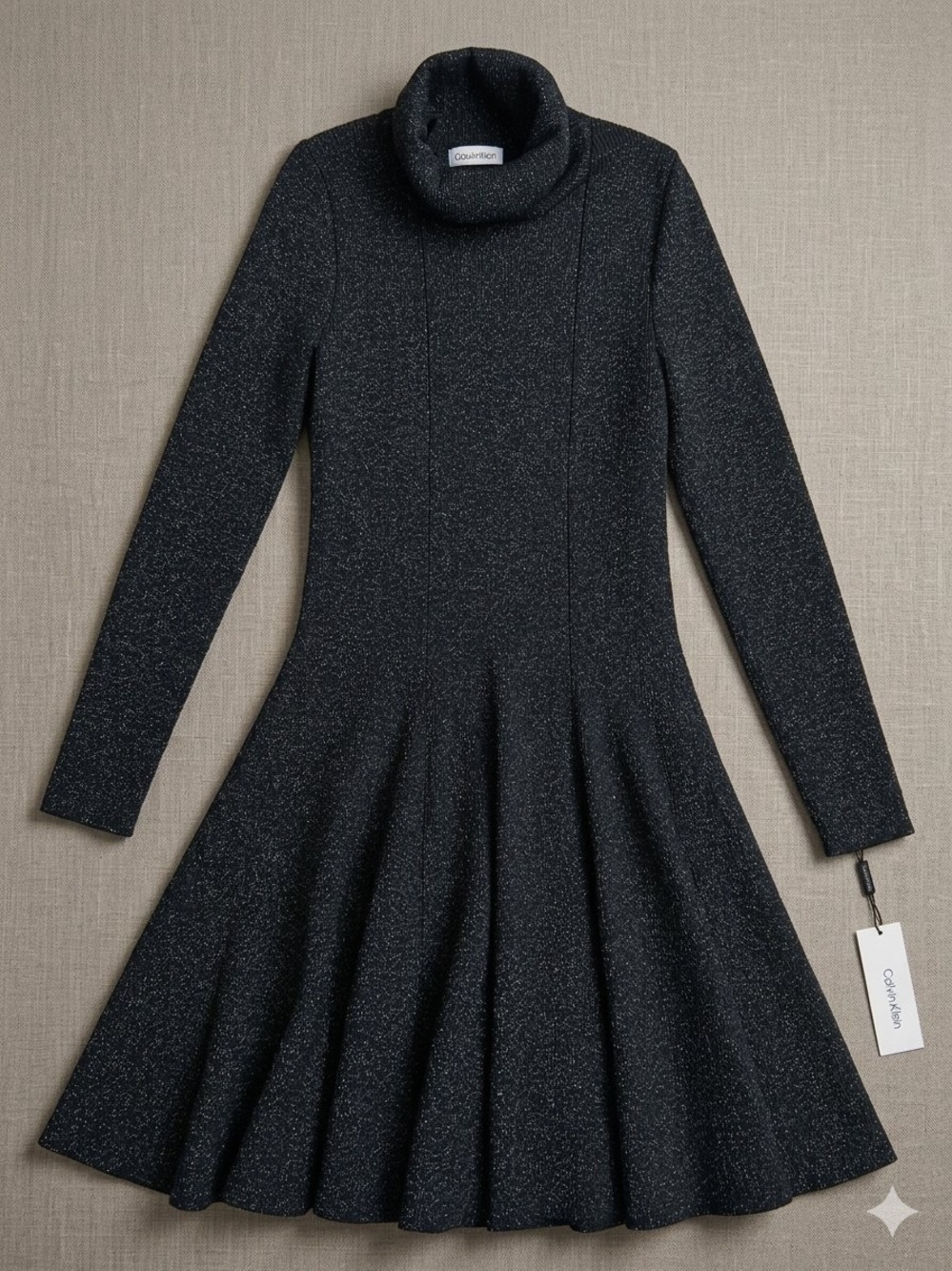 Calvin Klein Black Sparkle Long-Sleeve Fit & Flare Dress with Mock Neck